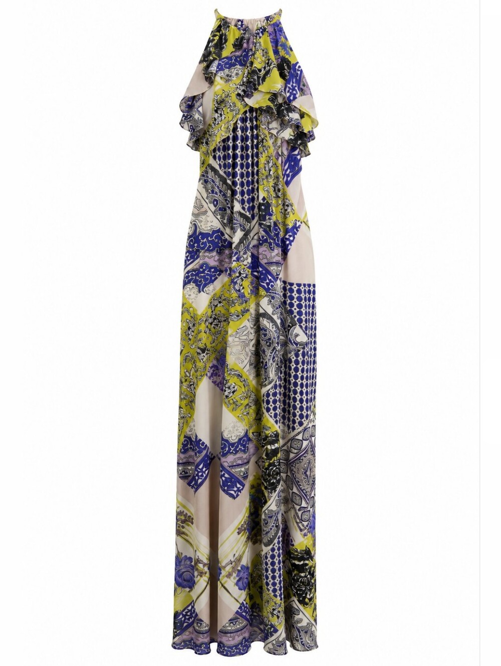 Julian Chang Patchwork Print Halter Maxi Dress Purple Chartreuse Size Small - Picture 3 of 15